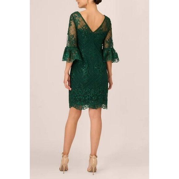 NWT Adrianna Papell Forest Green Embroidered Lace Ruffle Sleeve Dress Size 4 - Picture 2 of 9